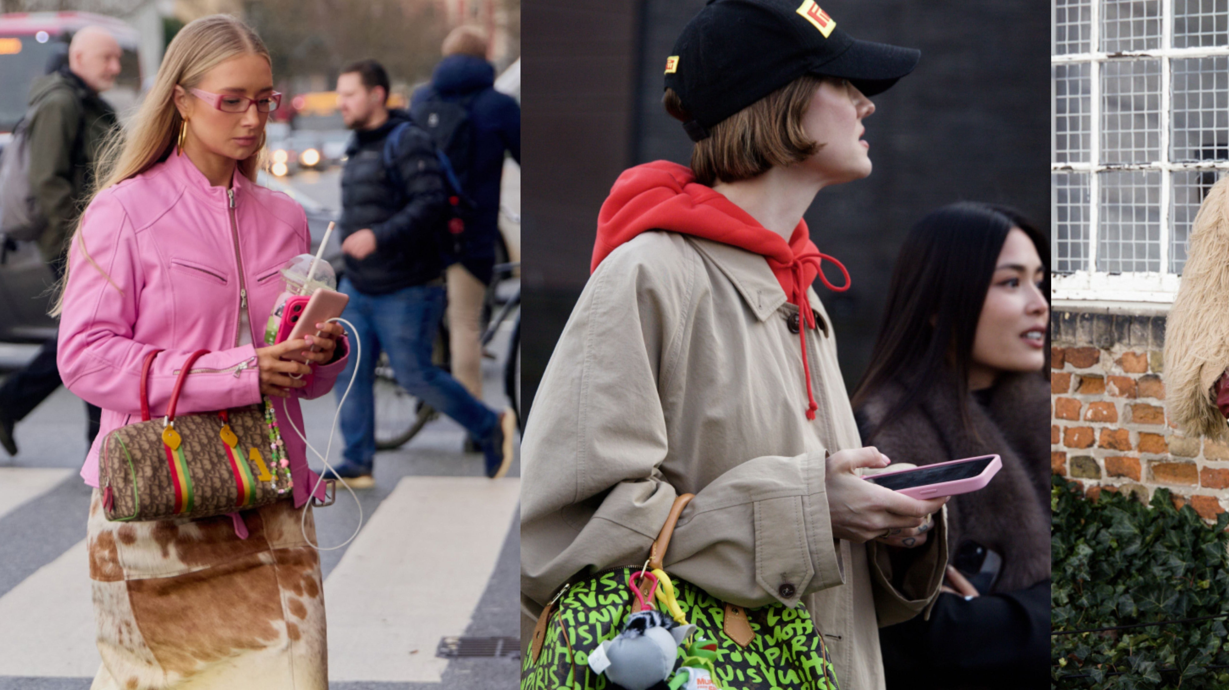 trois photos de sacs marchant dans la rue avec des outsfits et des sacs de luxe vintage, il ya deux Speedy de Louis Vuitton et un Hermes