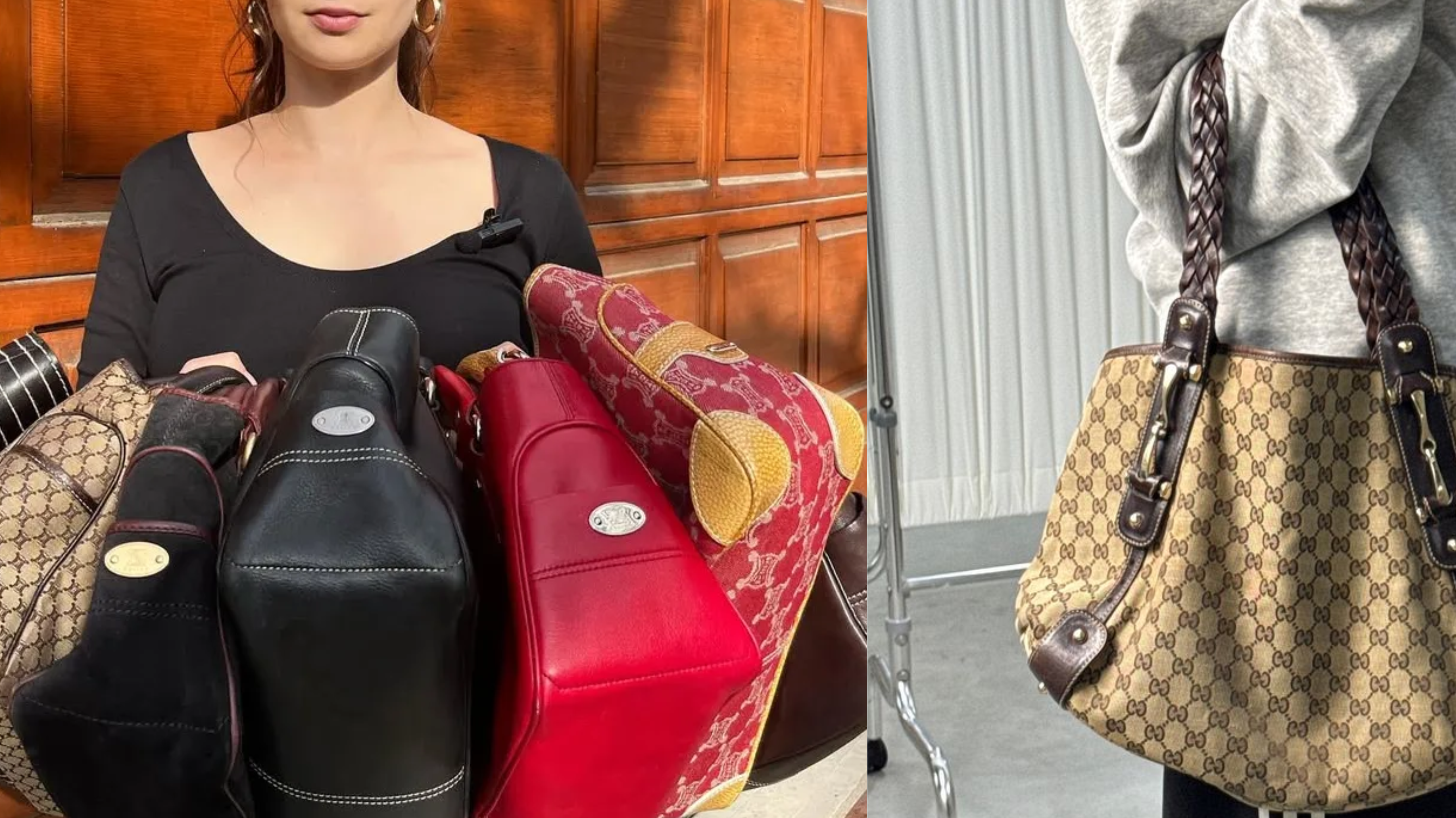 Vintage Gucci monogram shoulder bag with braided leather handles, showcasing the timeless appeal of archival luxury designs that continue to attract modern collectors.