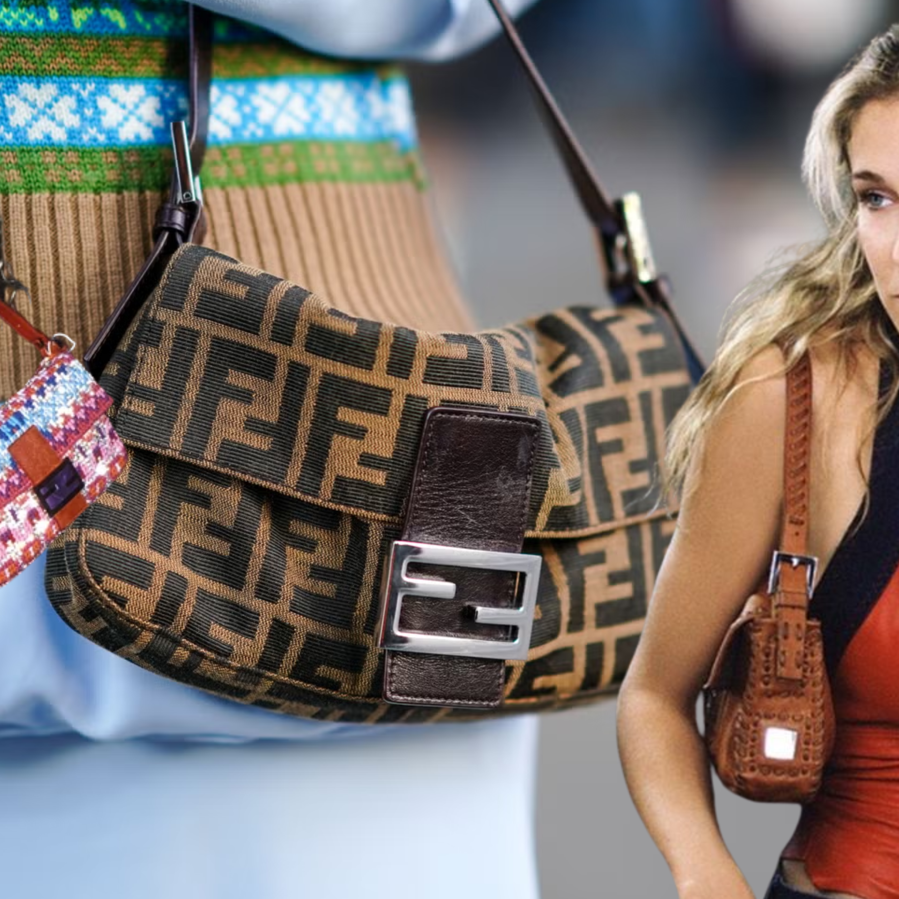 The evolution of the Fendi Baguette Bag featuring iconic vintage styles, pop culture moments, Carrie Bradshaw looks and embellished runway versions.