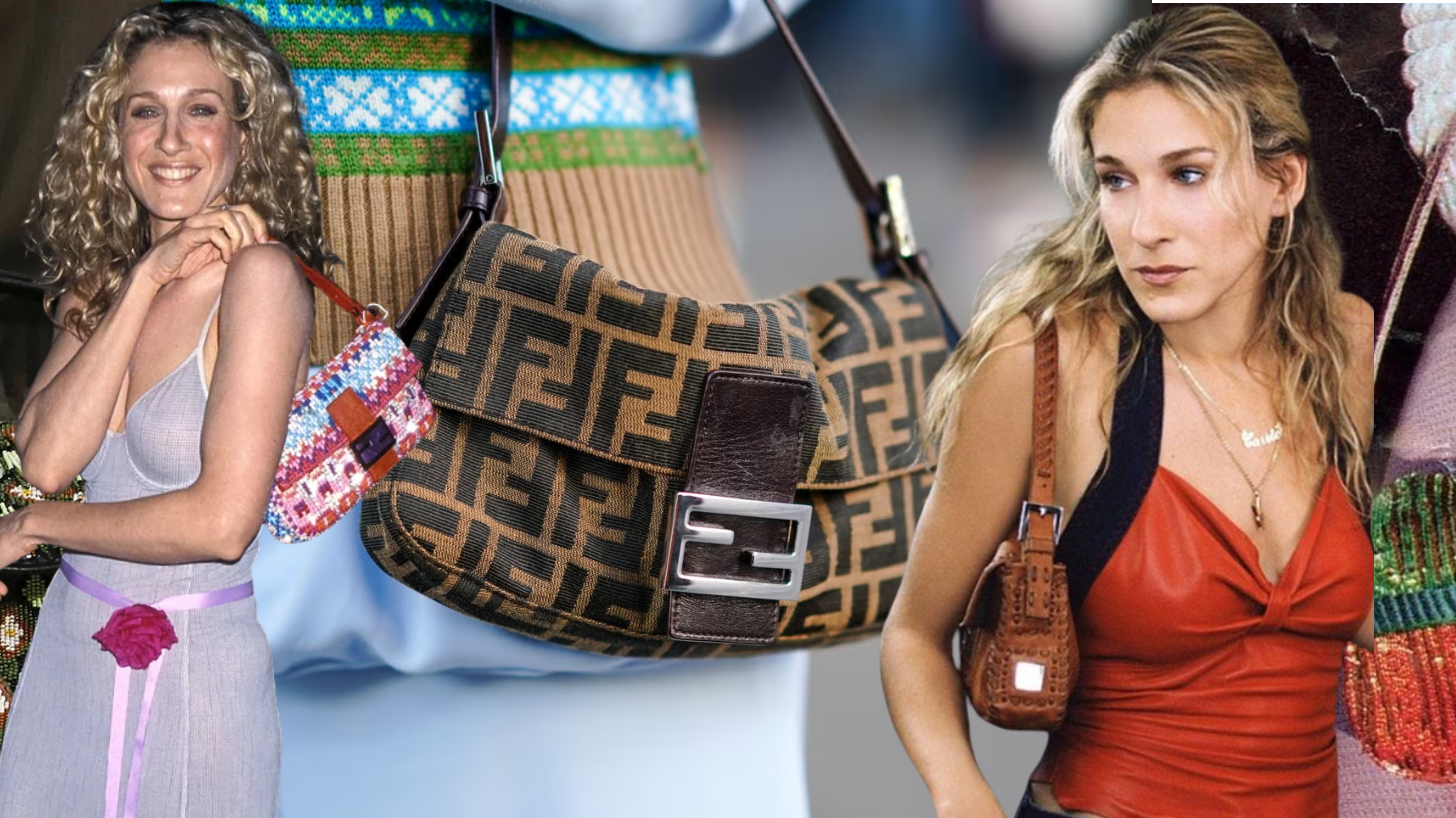 The evolution of the Fendi Baguette Bag featuring iconic vintage styles, pop culture moments, Carrie Bradshaw looks and embellished runway versions.