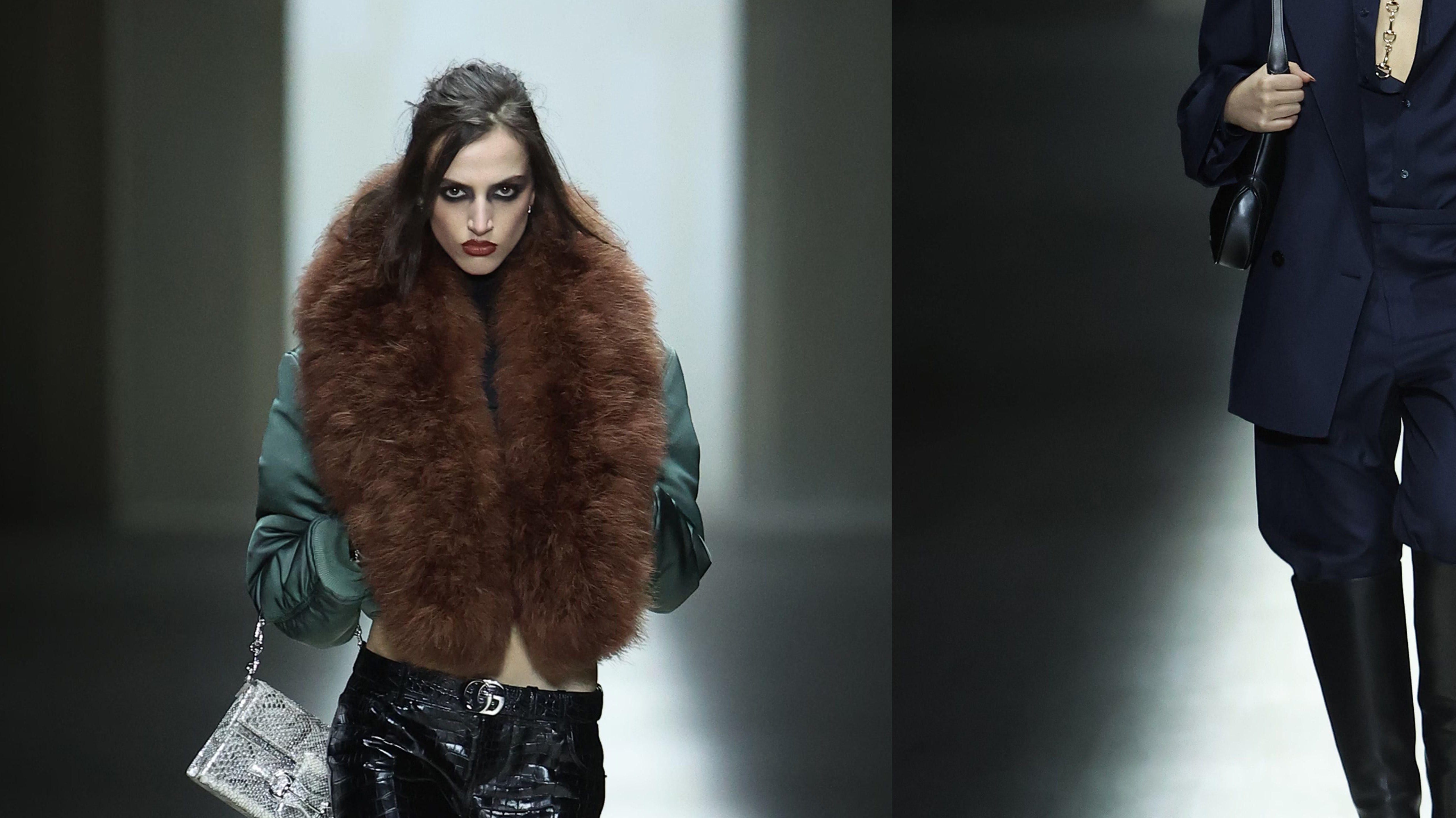 Gucci Fashion Week Milan 2026 runway look from Demna’s new Gucci collection featuring a structured Gucci handbag.