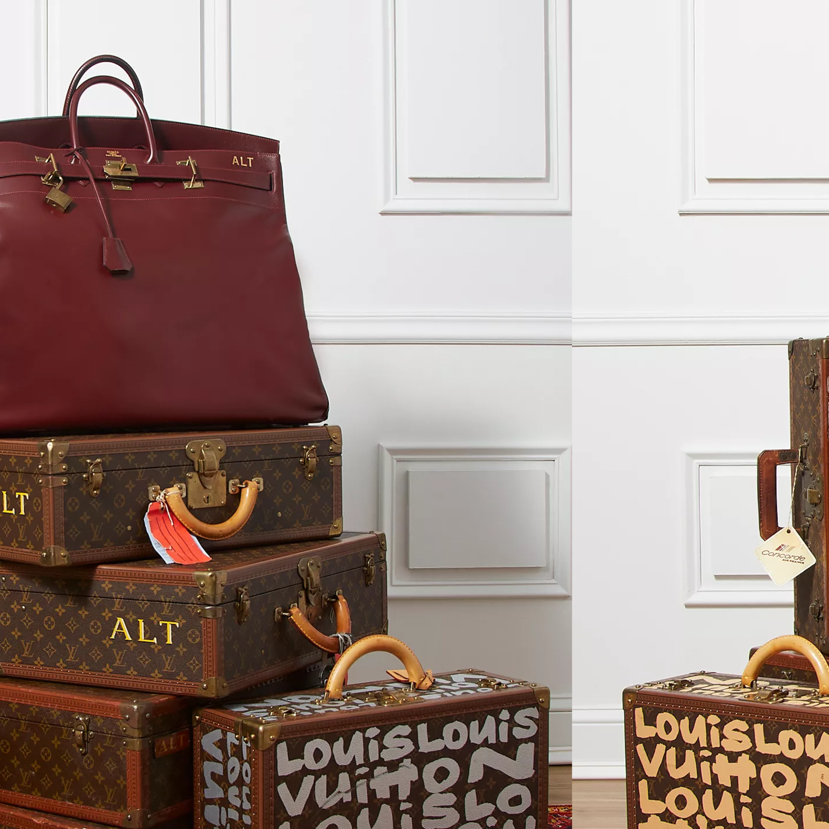 Large vintage Hermès Haut à Courroies handbag displayed on stacked Louis Vuitton trunks, illustrating the importance of proper storage and preservation for luxury bags.