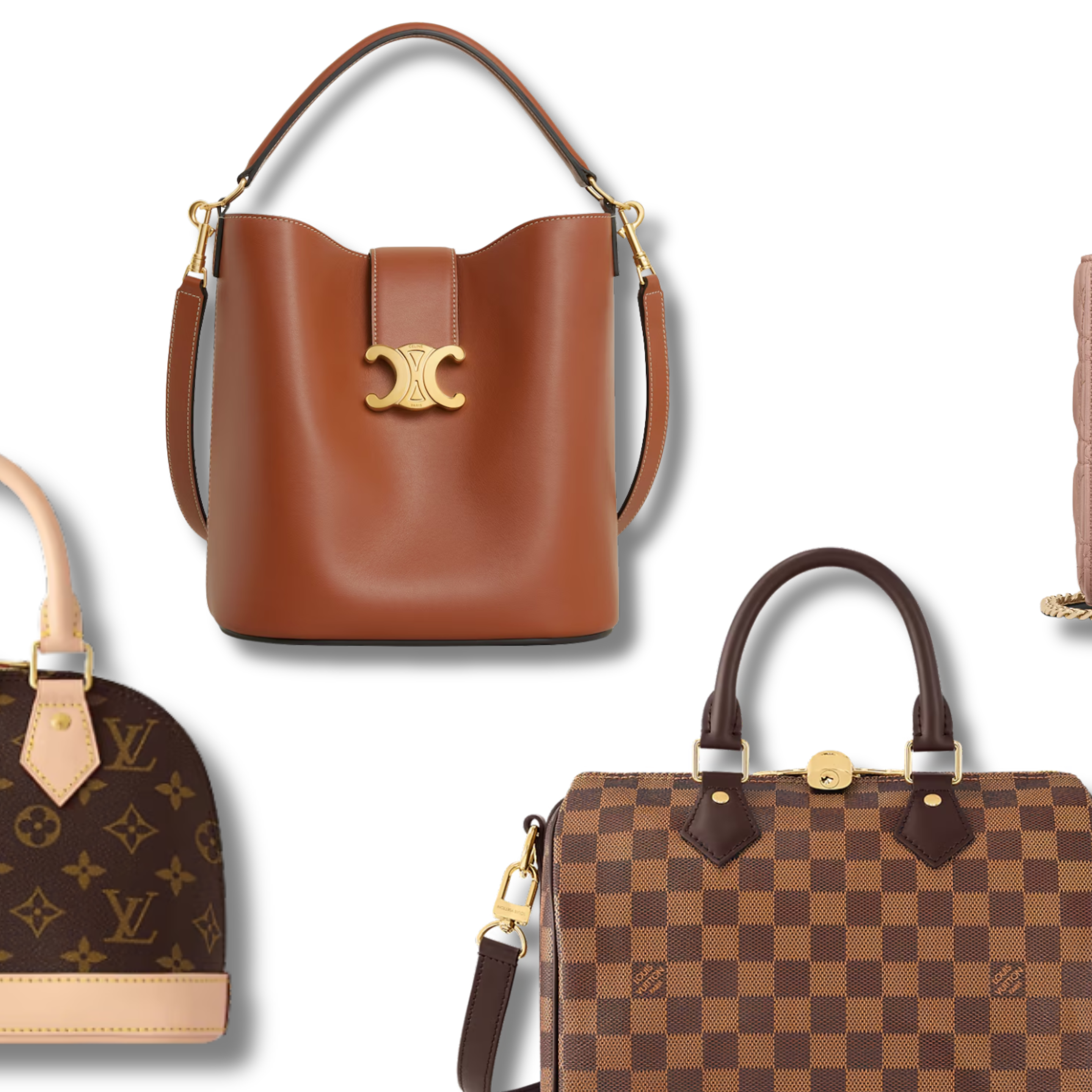 Selection of popular luxury handbags including Louis Vuitton Alma BB, Speedy, Lady Dior, Chanel flap bag and Céline bucket bag