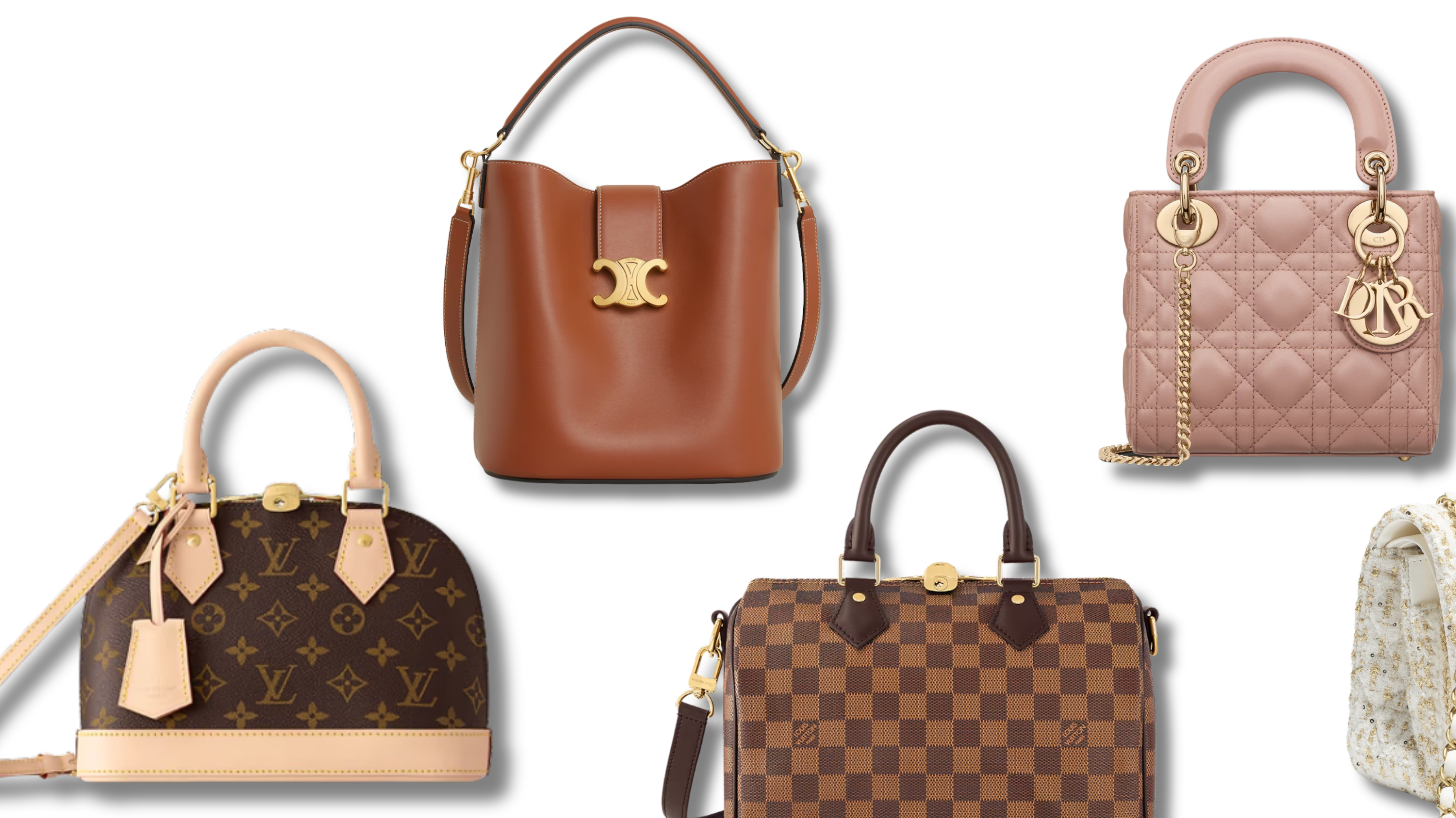 Selection of popular luxury handbags including Louis Vuitton Alma BB, Speedy, Lady Dior, Chanel flap bag and Céline bucket bag