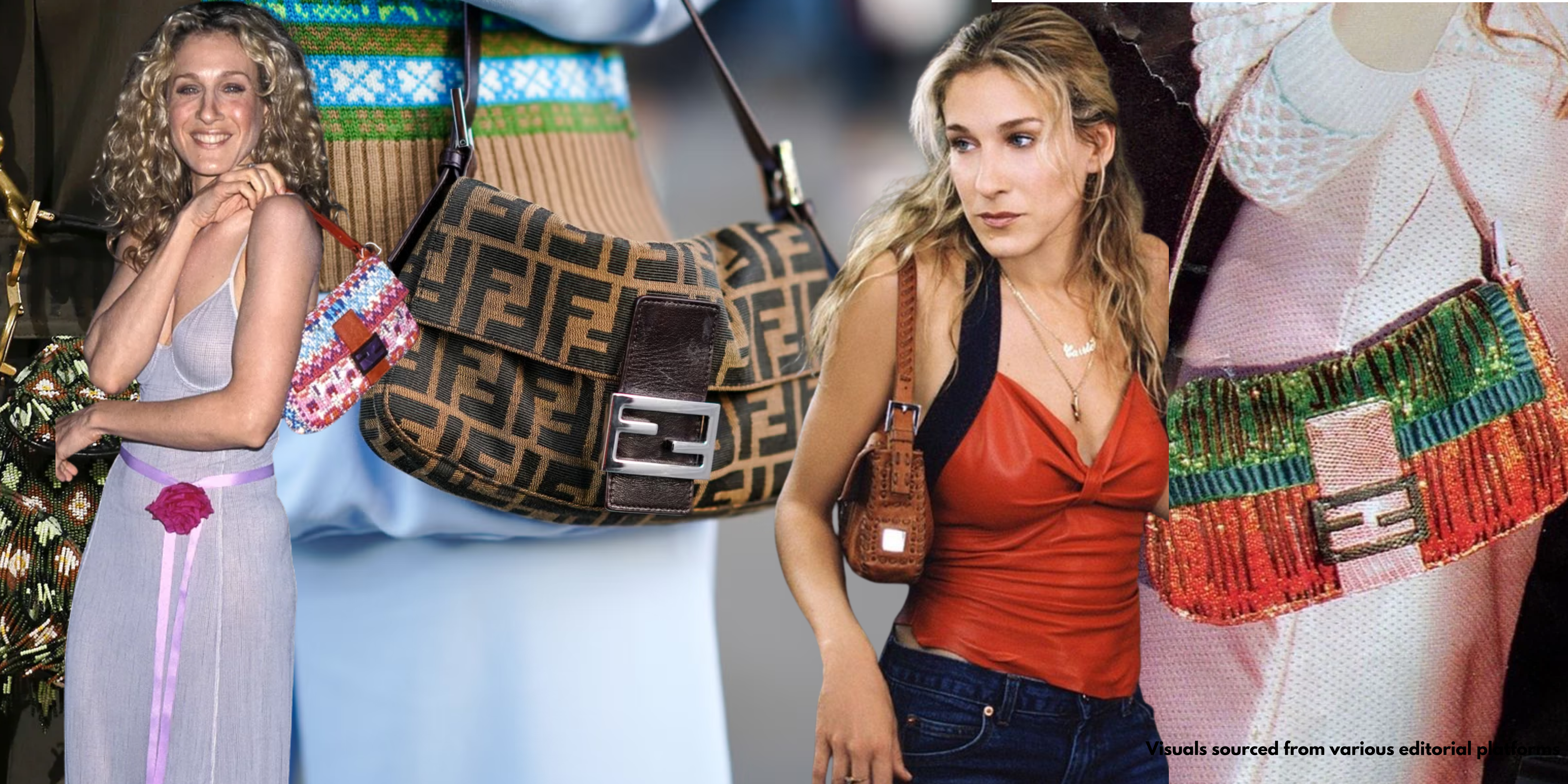 The evolution of the Fendi Baguette Bag featuring iconic vintage styles, pop culture moments, Carrie Bradshaw looks and embellished runway versions.