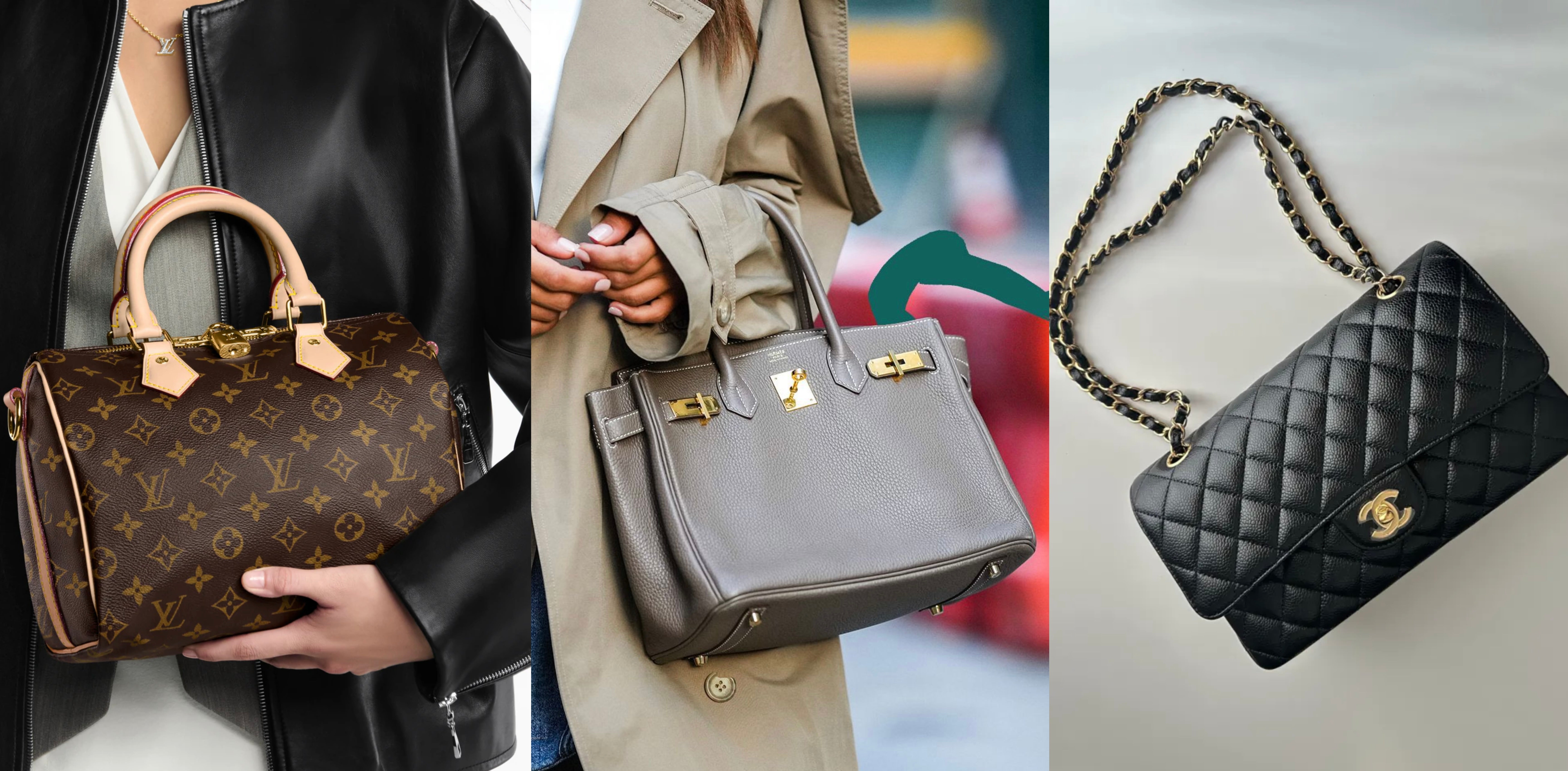 photos de trois sacs iconics, une speedy de Louis Vuitton, un Birkin de Hermes et un Classic Flap de chez Chanel