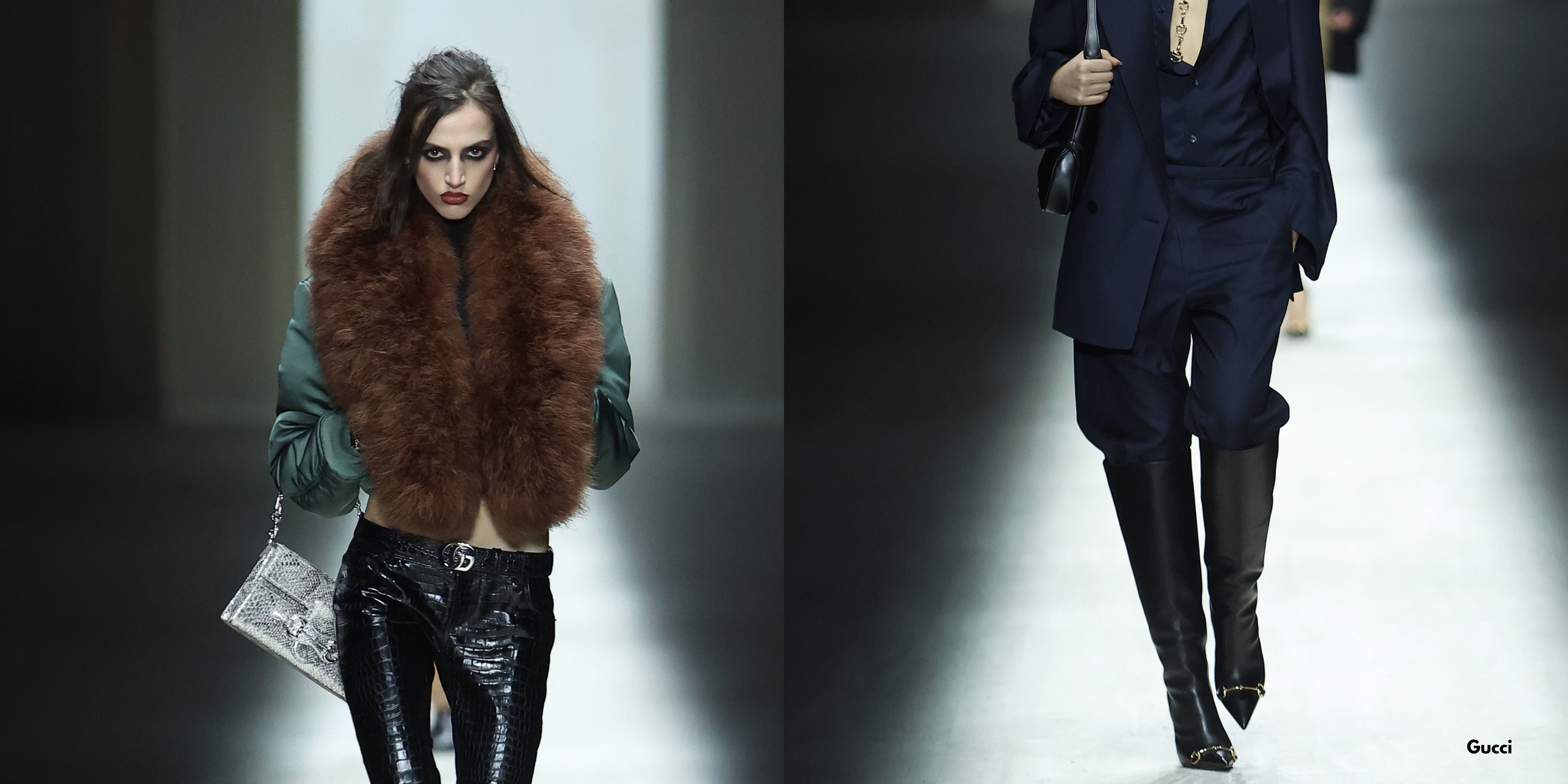 Gucci Fashion Week Milan 2026 runway look from Demna’s new Gucci collection featuring a structured Gucci handbag.