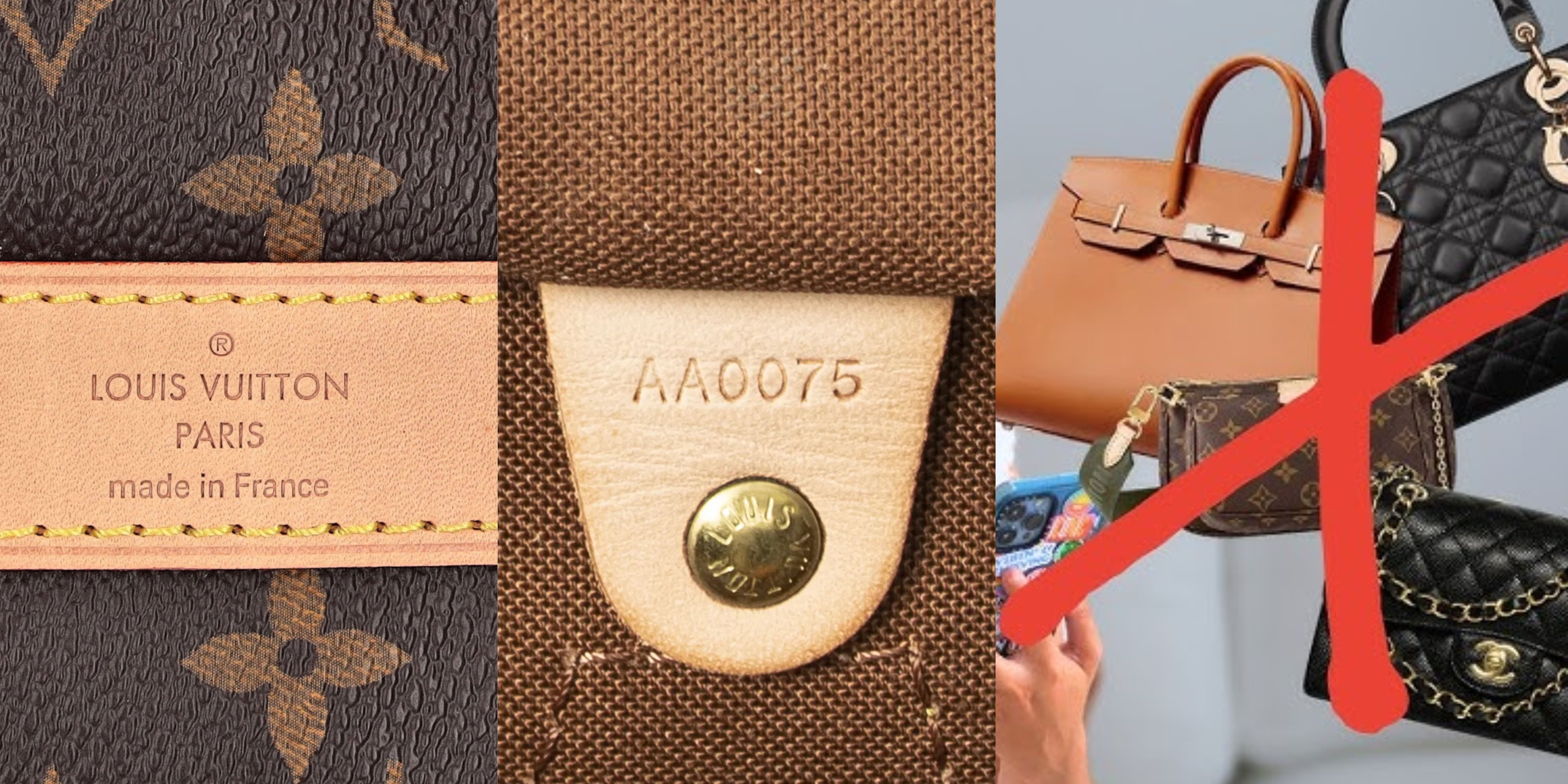 trois photos, une photo d'une etiquette en cuir d'un speedy de Louis Vuitton, un numéro de série Louis Vuitton et des faux sacs de luxe 