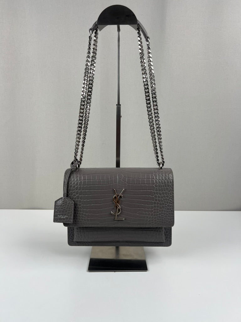 Saint Laurent Sunset medium in embossed grey leather – bamluxurystore