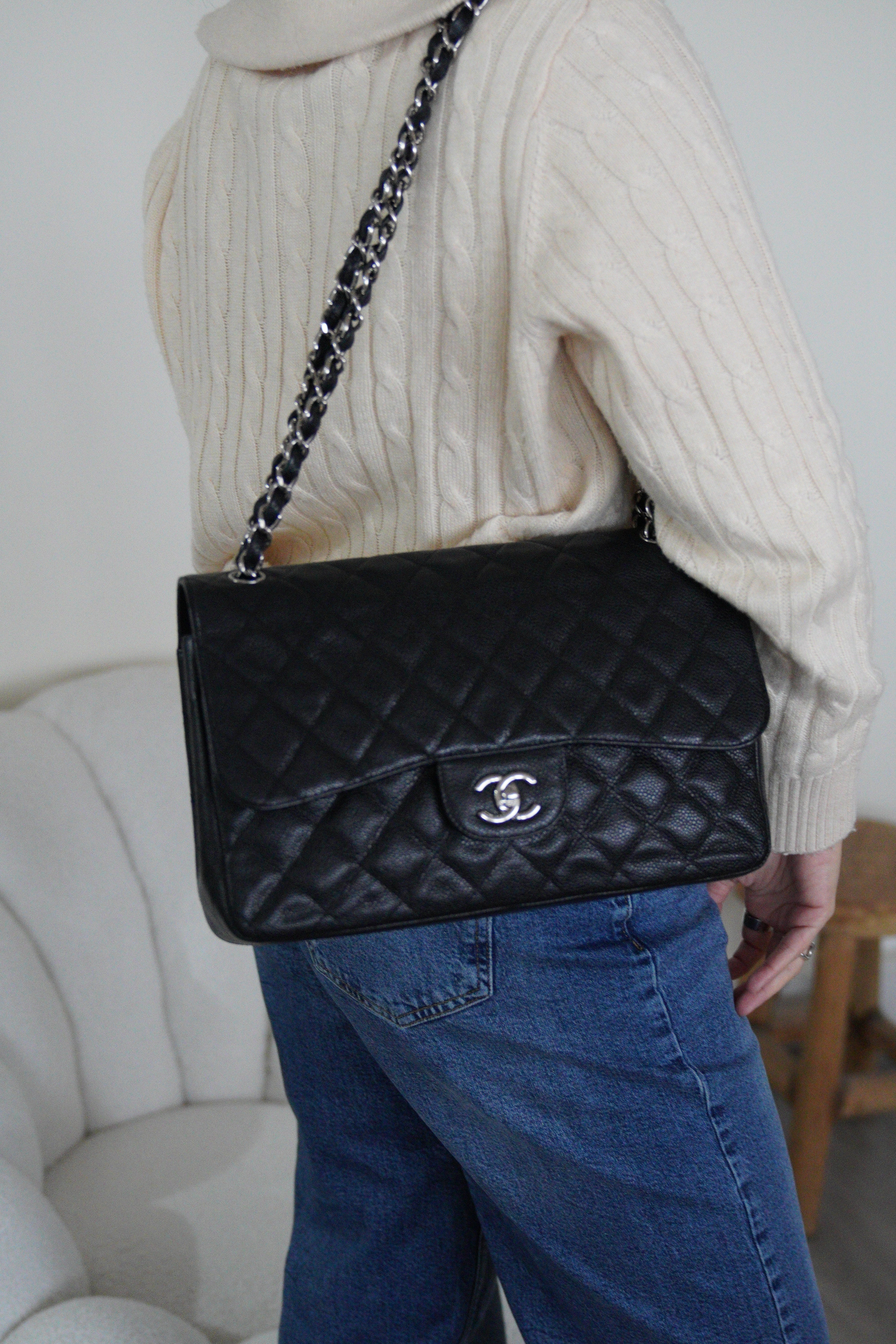 Chanel Classic Flap Jumbo black grained caviar leather at