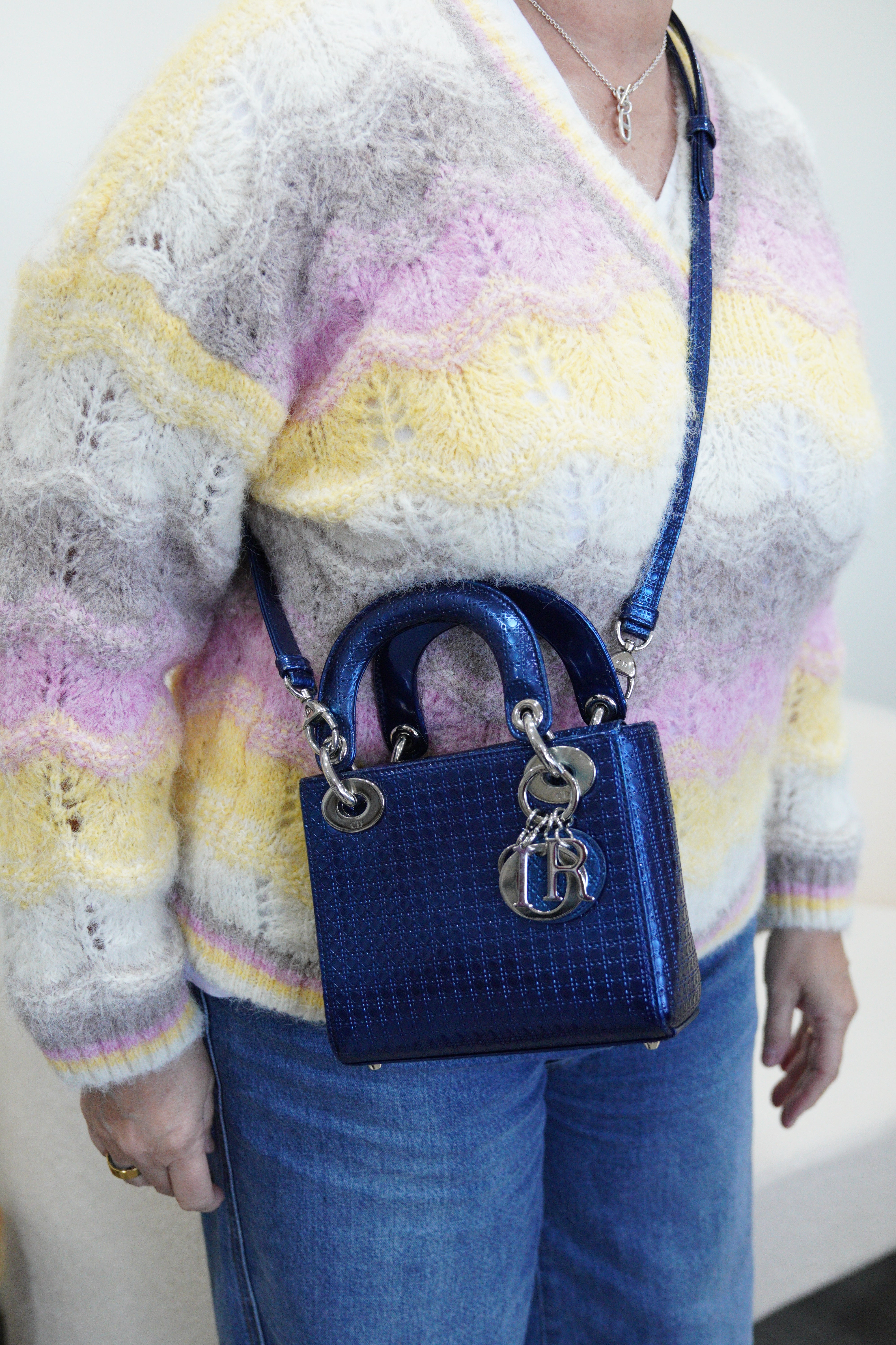 Lady Dior mini blue patent iridescent leather bag – bamluxurystore