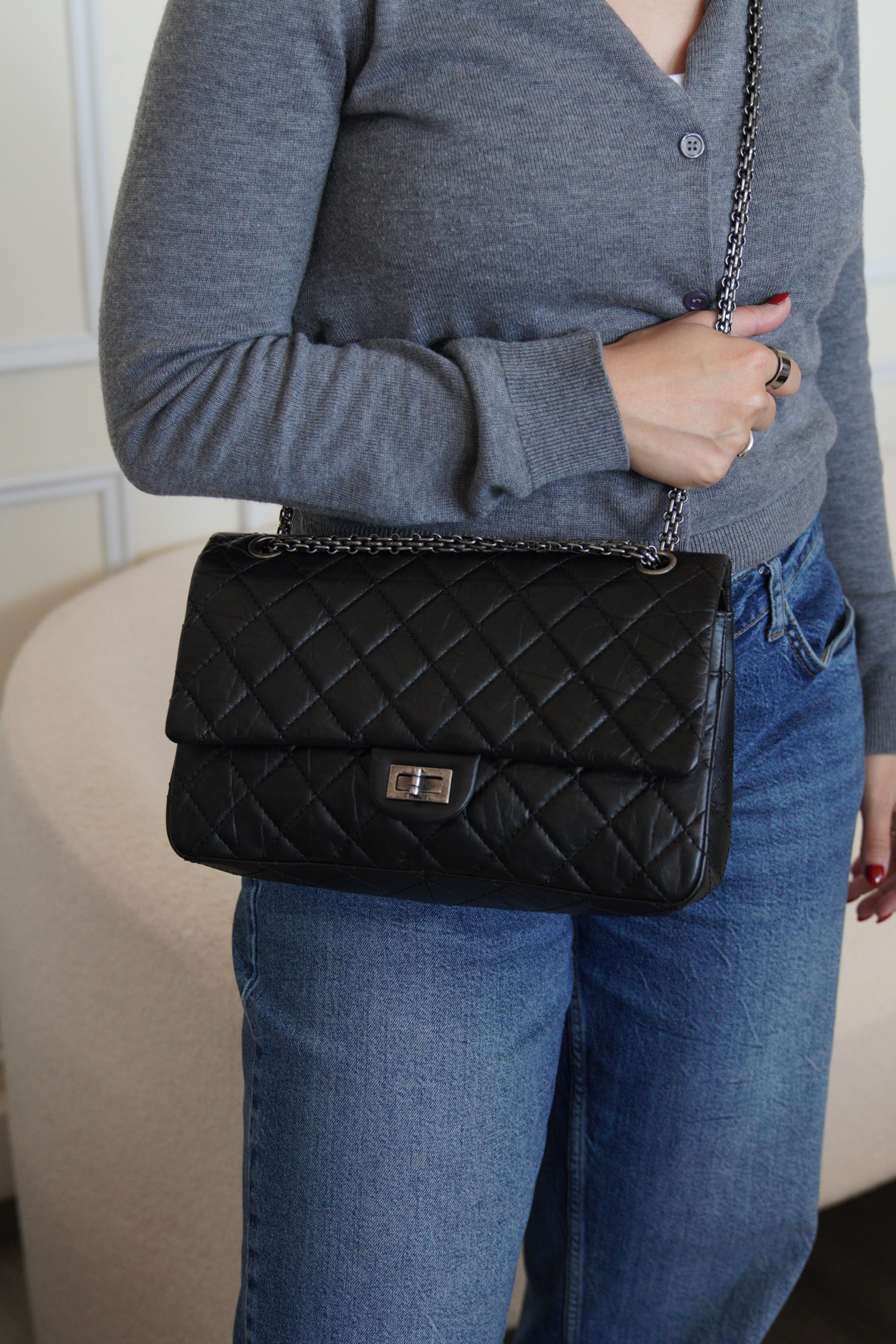 Chanel 2.55 jumbo black leather handbag silver hardware
