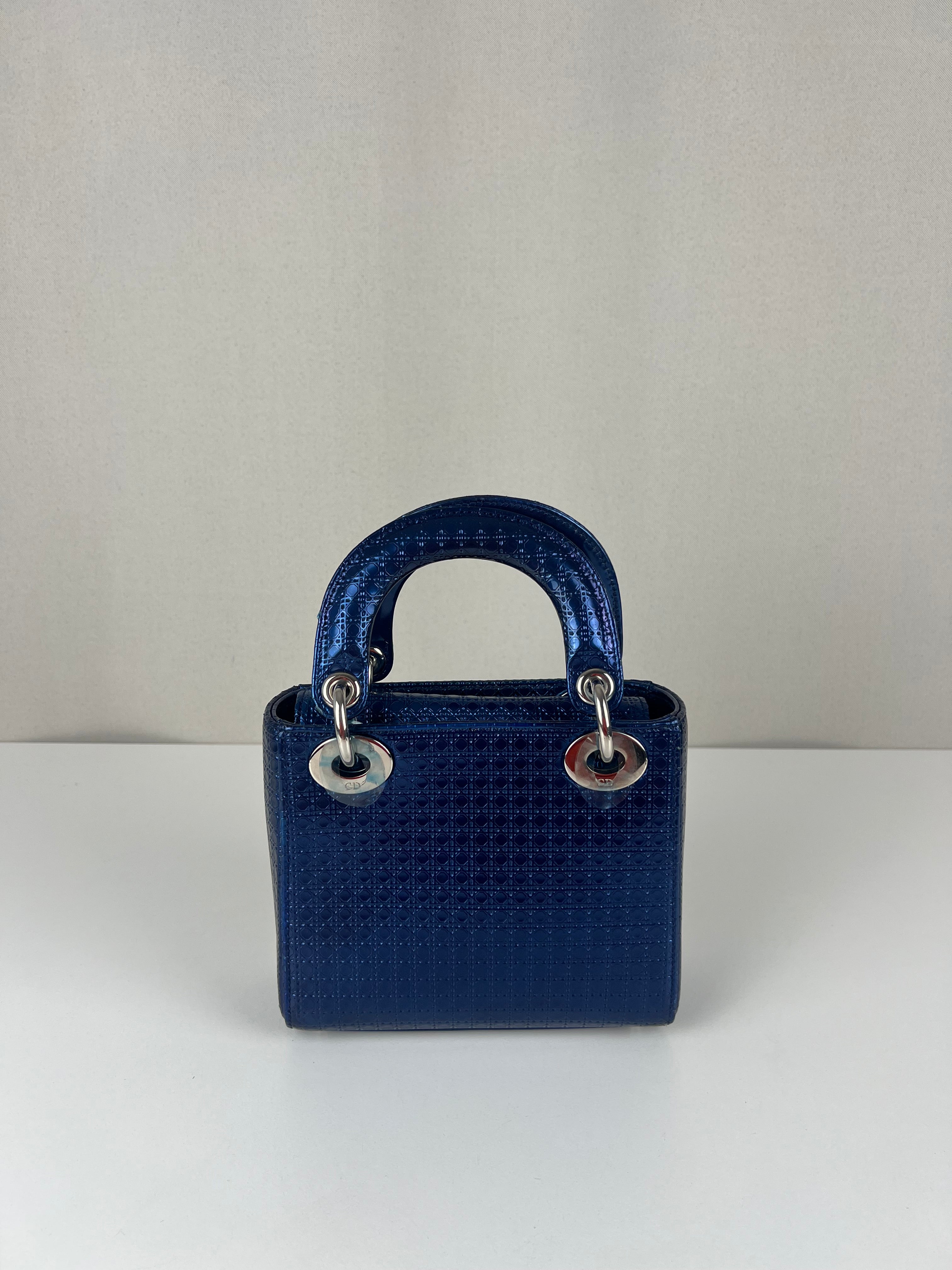 Lady Dior mini blue patent iridescent leather bag – bamluxurystore