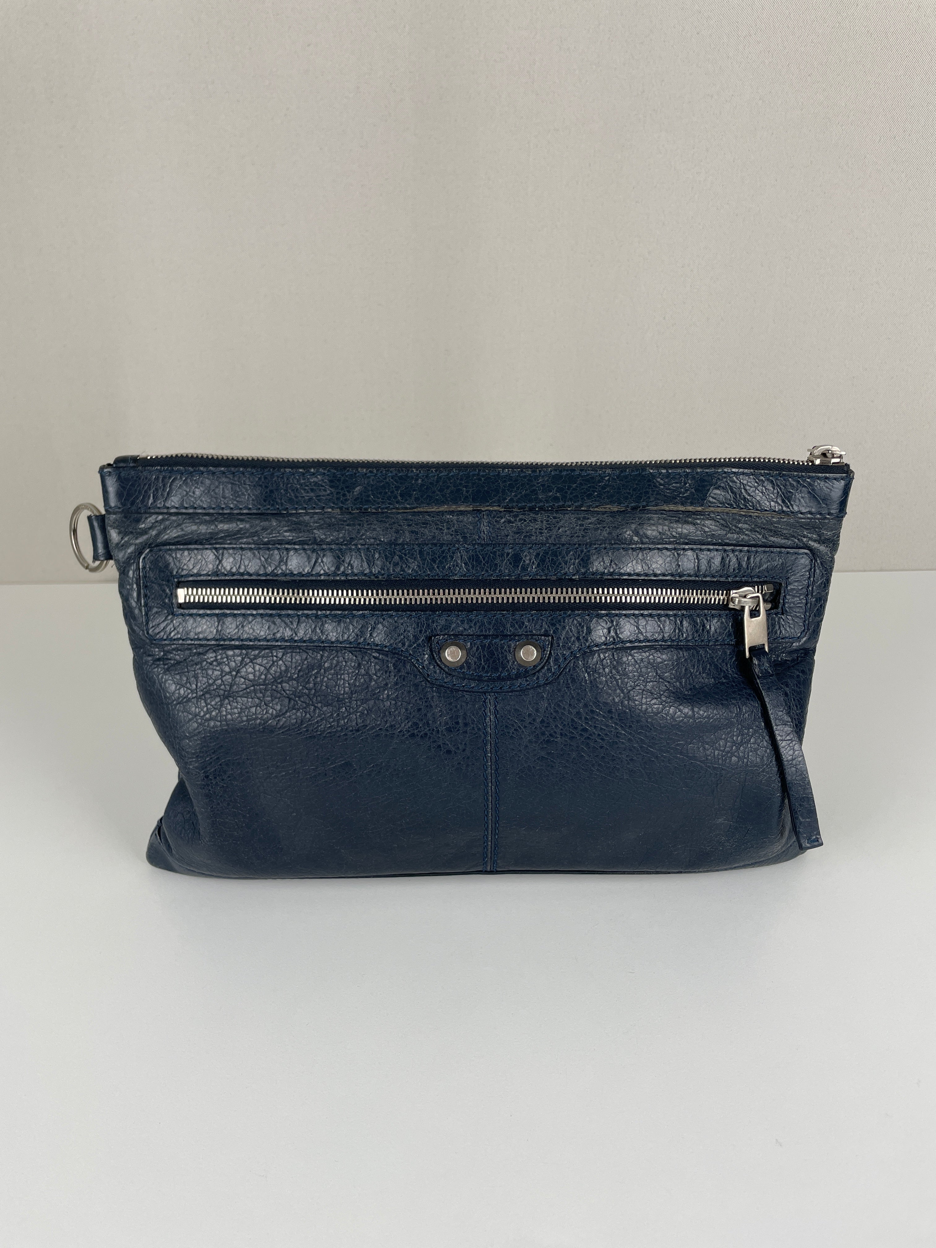 Balenciaga pouch city clip in blue crinkled leather – bamluxurystore