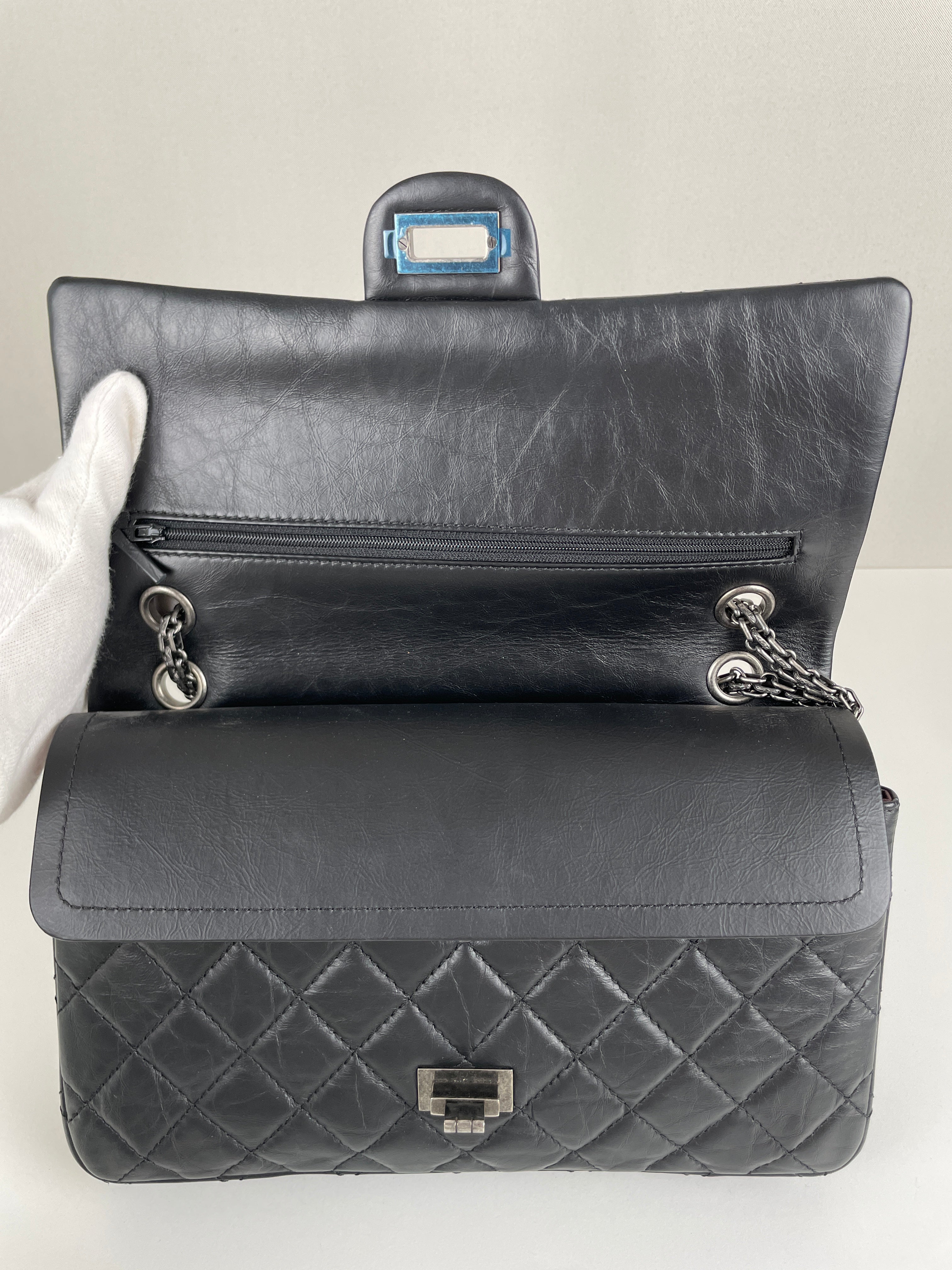 Chanel 2.55 jumbo black leather handbag silver hardware