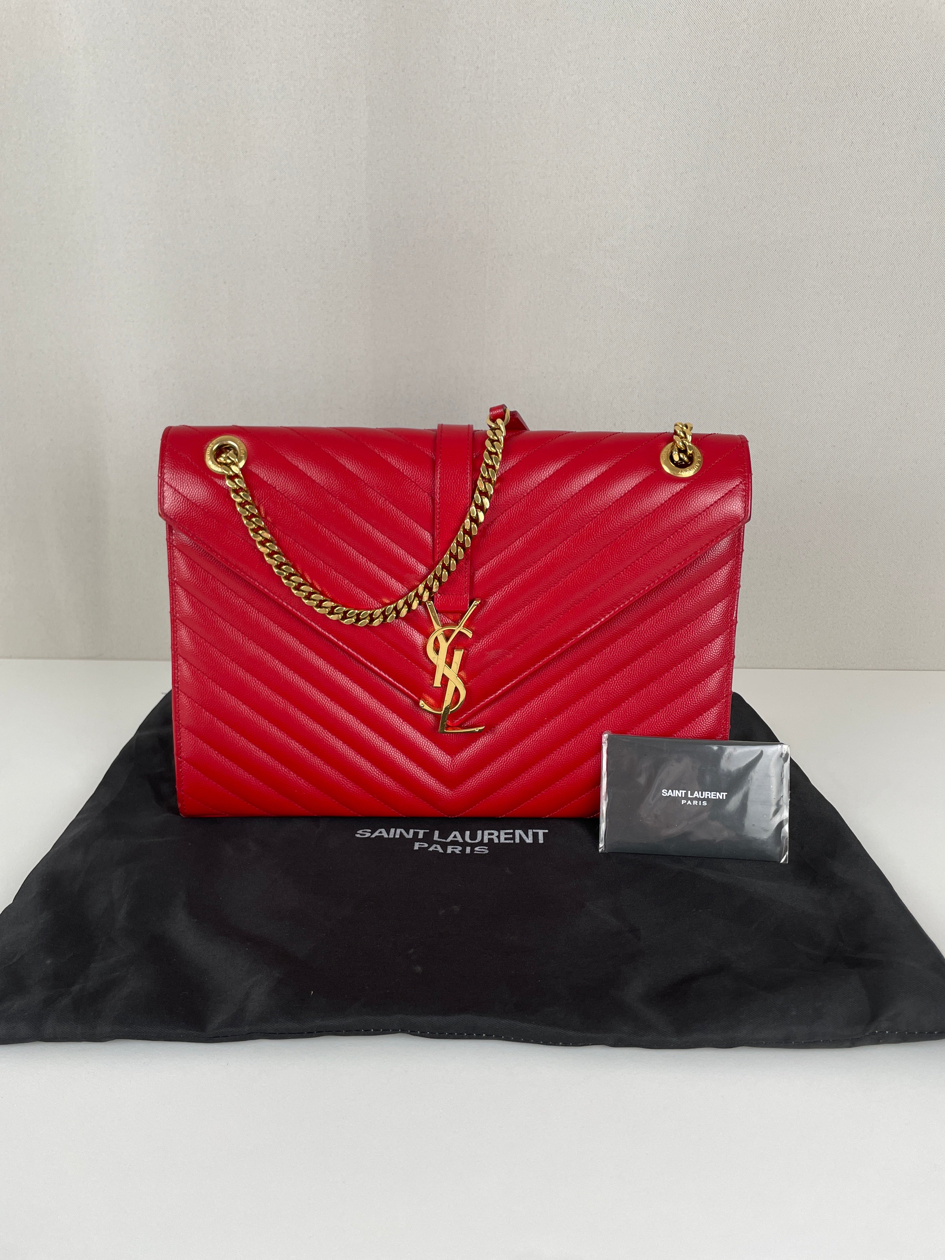 YSL レザー 赤 クラッチバッグ 保存袋付き Saint Laurent Enveloppe Red Gold Hardware – bamluxurystore