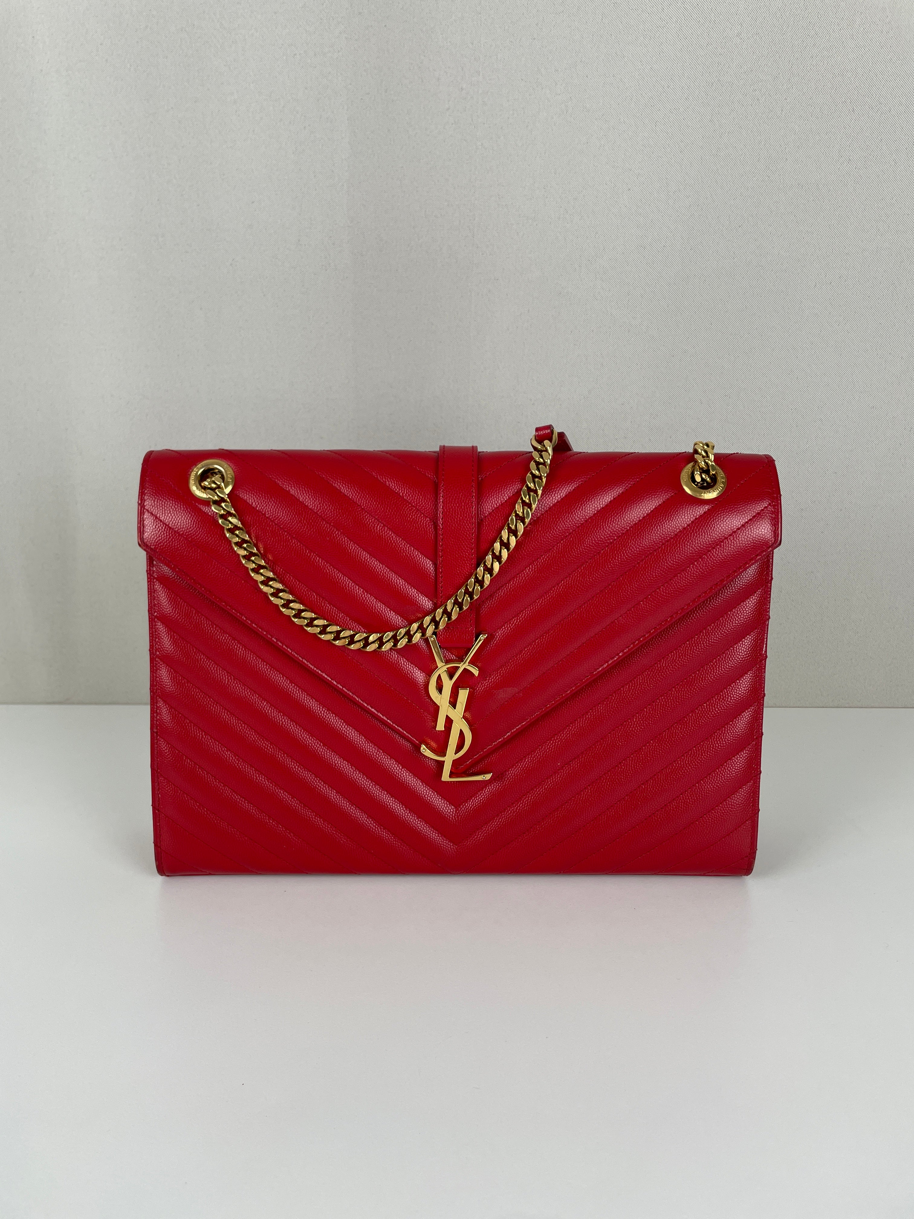 YSL レザー 赤 クラッチバッグ 保存袋付き Saint Laurent Enveloppe Red Gold Hardware – bamluxurystore