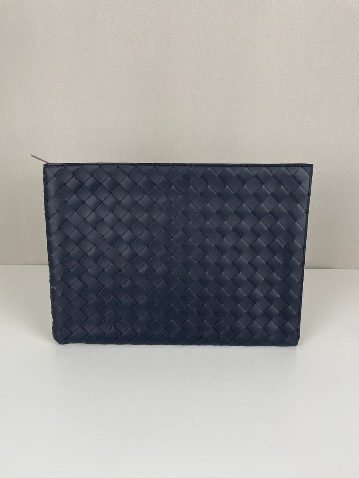 Pochette document Bottega Veneta en cuir intrecciato bleu marine