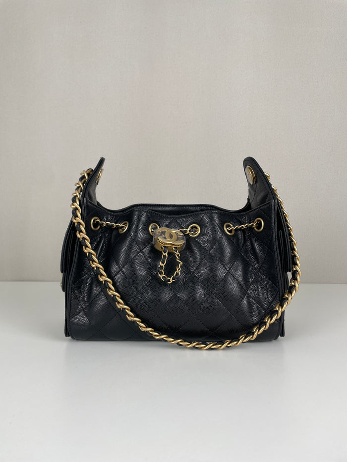 Chanel 25 mini black grained caviar full set new