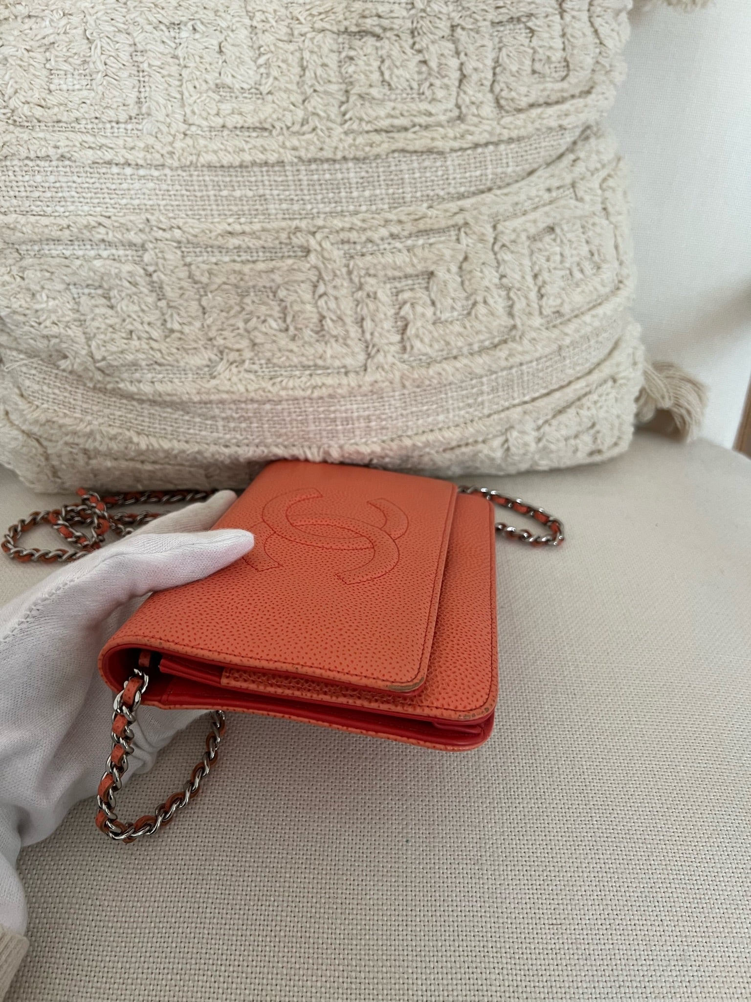 New Chanel Orange Patent Caviar Timeless Classic WOC Wallet on
